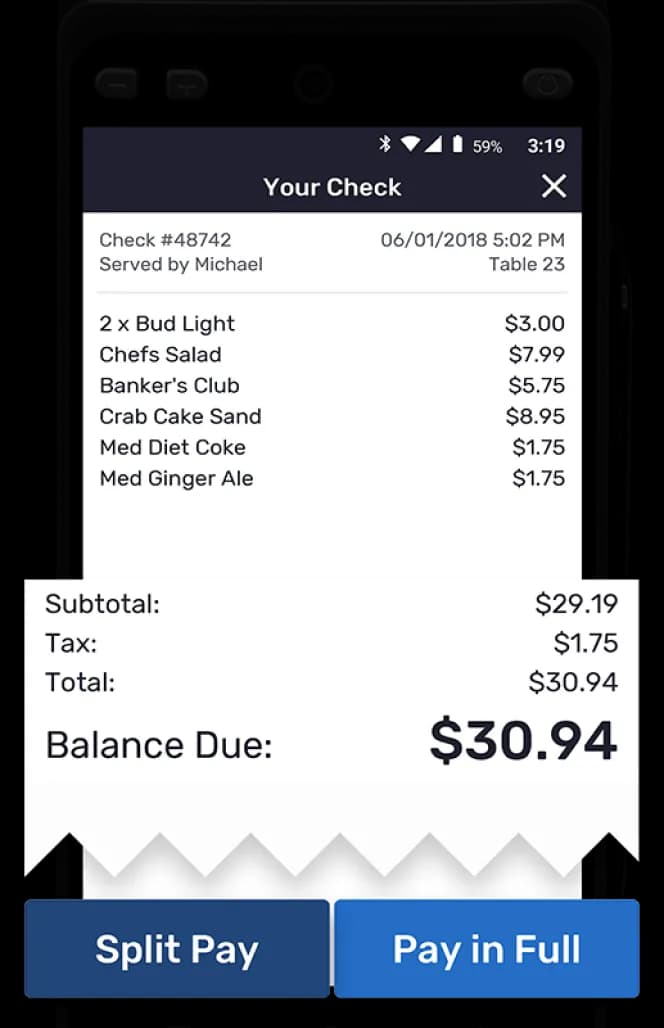 Mobile screen indicating bill breakdown and option to split payment